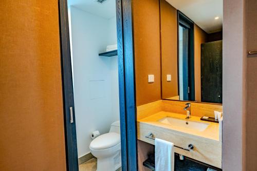 圣地亚哥Hampton By Hilton Santiago Las Condes的一间带水槽、卫生间和镜子的浴室