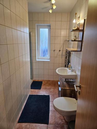 里布尼茨达姆加滕Ferienwohnung Ostsee und Strand的一间带水槽和卫生间的浴室以及窗户。
