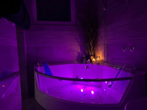 别洛瓦尔LuxRooms BJELOVAR的紫色浴室设有紫色照明的浴缸