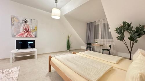 纽伦堡Moderne Appartement的一间白色卧室,配有床和电视