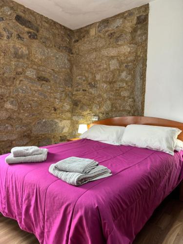 Esteiro-MurosO Portelo的一间卧室配有一张带石墙的紫色床