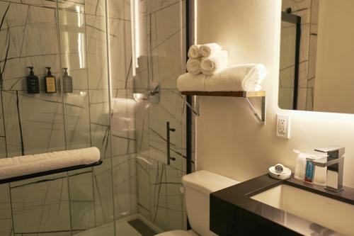 旧金山Hotel Julian的带淋浴、卫生间和盥洗盆的浴室