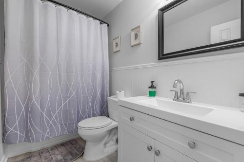 汉普顿Enormous 6 BR Family Style Home By Waterside的浴室配有卫生间、盥洗盆和淋浴。