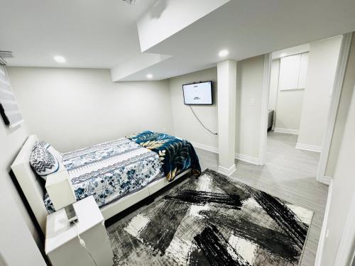 布兰普顿C&M Beautiful Basement的一间卧室配有一张床,墙上配有电视