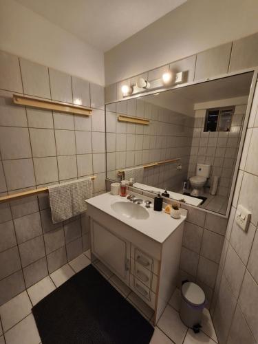 黄金海岸Self Contained Guesthouse for 7ppl, w Pool的一间带水槽和镜子的浴室