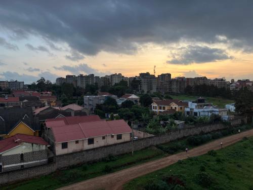 内罗毕Rooftop Studio Apartment - Mirema的享有城市美景,设有建筑和围栏