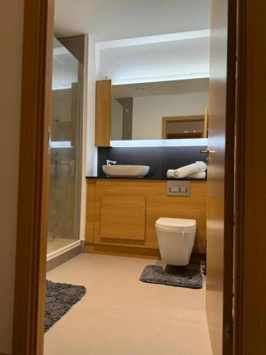 达特福德Stunning 2-Bed Apartment in Dartford的一间带卫生间和大镜子的浴室