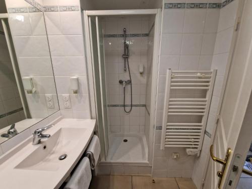 迪沃讷莱班Appartement confortable - Proche du lac的带淋浴、盥洗盆和浴缸的浴室