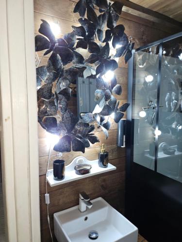 La Barriérele petit chalet cevenol的一间带水槽和镜子的浴室