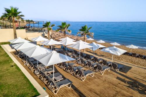 斯法卡基White Olive Elite Rethymno的海滩上一排白色的遮阳伞和椅子