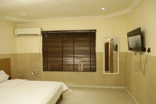 阿布贾CALBERT LODGE的一间卧室设有一张床和一个带电视的窗户。
