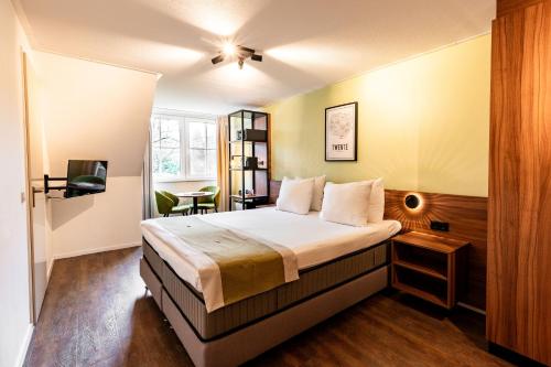 马尔克洛海瑞克堡庄园酒店的一间卧室配有一张床和一台电视。