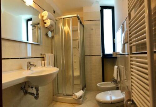 布林迪西Best Western Hotel Nettuno的一间带水槽、淋浴和卫生间的浴室