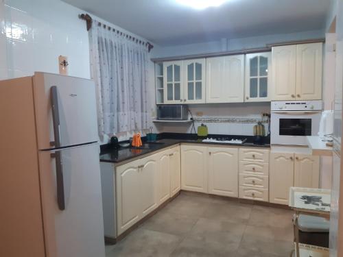 门多萨ENCANTOS DE MENDOZA Apartments的厨房配有白色橱柜和白色冰箱。