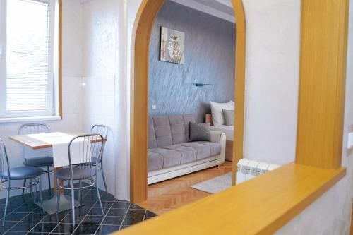弗尔尼亚奇卡矿泉镇Dukat Apartmani-Studio的带沙发、桌子和镜子的客厅