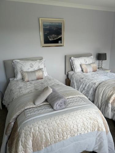 YeofordRock Park Farm B&B的卧室配有两张床,墙上挂着一幅画