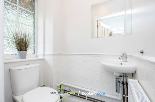 阿斯科特Ascot, Pet Friendly, Detached 4 Bedroom House By Sentinel Living Short Lets & Serviced Accommodation Windsor Ascot Maidenhead With Free Parking的白色的浴室设有卫生间和水槽。