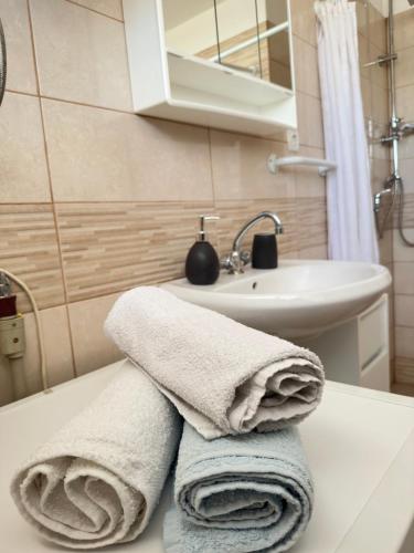扎达尔Apartment Maky的一间带毛巾的浴室,位于水槽旁的柜台上