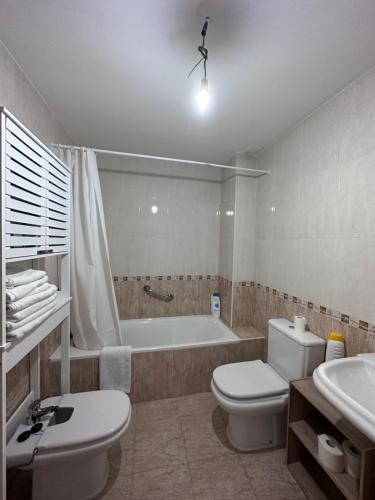 蓬费拉达Suite Rigel的带浴缸、卫生间和盥洗盆的浴室