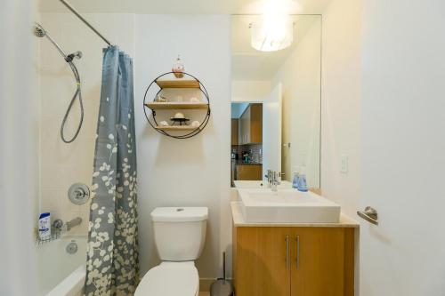 多伦多Skyline Elegance Condo的一间带水槽、卫生间和淋浴的浴室