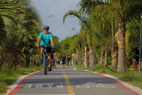 里奥格兰德Casa de Praia Extremo Sul的骑着自行车沿着一条棕榈树的道路骑行的人