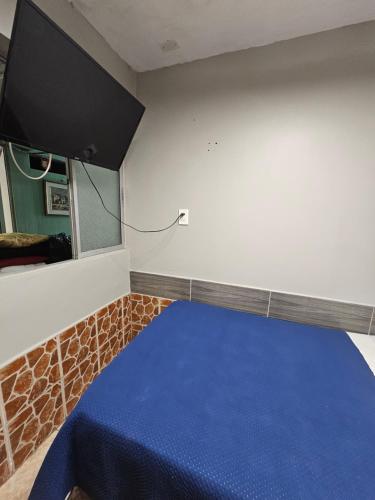 阿里卡Hostal 921 apocento的客房设有一张蓝色的床,墙上配有电视。