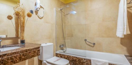 马德里斯特林酒店的浴室配有卫生间、盥洗盆和淋浴。