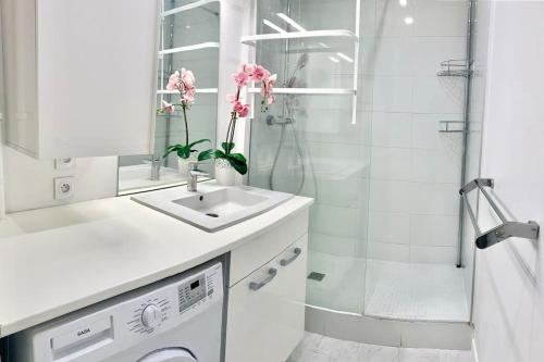 诺伊斯·勒·格兰德Appartement bien situé的白色的浴室设有水槽和淋浴。