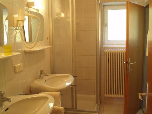 巴德小基希海姆Tischnerhof Appartements的一间带水槽和淋浴的浴室