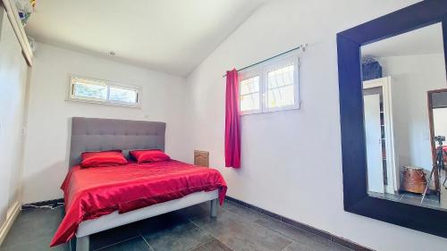 萨尔里昂Maison proche Dentelles Ventoux et Avignon的一间卧室配有一张带红色床单和镜子的床