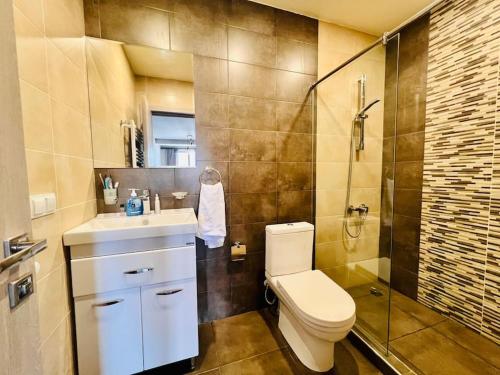 萨克德佐尔镇Lovely Aparthotel in Tsaghkadzor的浴室配有卫生间、淋浴和盥洗盆。