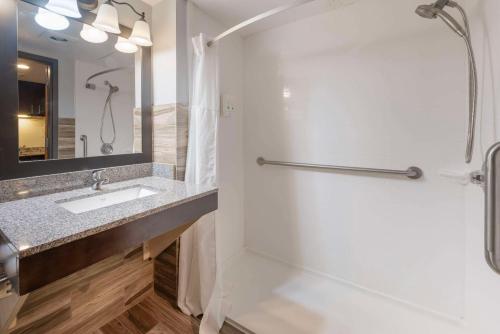 罗切斯特梅奥诊所区优质套房酒店的一间带水槽和淋浴的浴室
