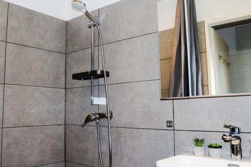 不莱梅Timeless Apartment Bremen-Neustadt的带淋浴头和盥洗盆的浴室