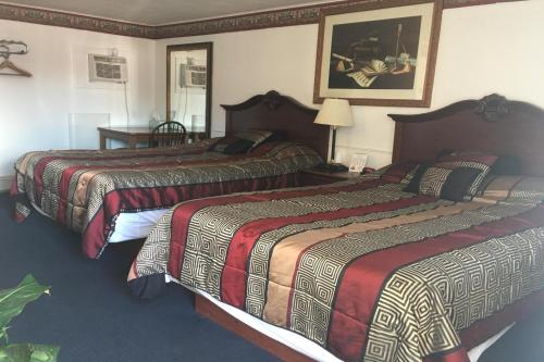 新阿尔姆Colonial Inn Extended Stay by OYO New Ulm的一间酒店客房,房间内设有三张床