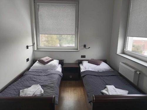 谢拉兹Baza noclegowa Mistral的带2扇窗户的客房内的2张床
