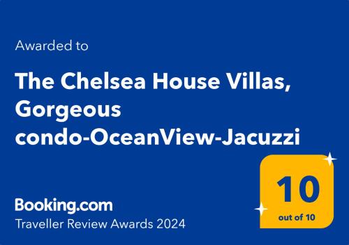 默特尔比奇The Chelsea House Villas, Gorgeous condo-OceanView-Jacuzzi的阅读国际象棋别墅的标志,并欣赏海景j