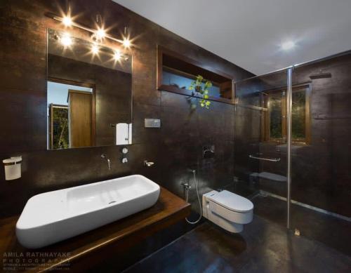PannipitiyaVilla 47 Colombo的一间带水槽、卫生间和镜子的浴室