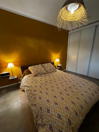 尼姆Les Copains d'Abord的一间卧室配有一张床和一个吊灯