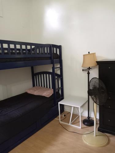 克利尔沃特Lenny's Cooperative Hostel的一间卧室配有一张双层床、一张桌子和风扇。
