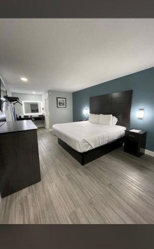 圣安东尼奥Rodeway Inn San Antonio Downtown的一间卧室设有一张大床和蓝色的墙壁