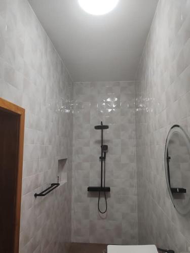 洛美Le Leo Lodge的带淋浴、卫生间和镜子的浴室
