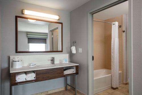 霍姆斯泰德Hampton Inn & Suites Homestead Miami South的浴室配有盥洗盆、镜子和浴缸