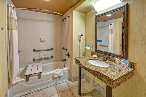 普兰菲尔德汉普顿印第安纳波利斯-SW-普朗菲尔德酒店的浴室配有水槽、淋浴和浴缸。