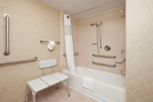 印第安纳波利斯印第安纳波利斯东北/卡斯尔顿汉普顿酒店的带浴缸、椅子和淋浴的浴室