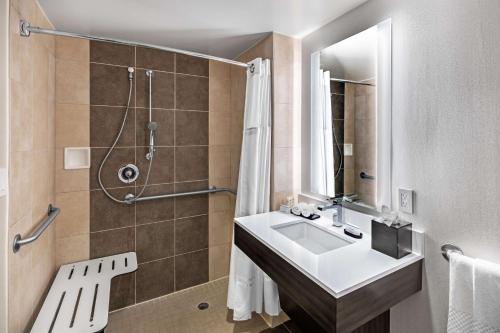 休斯顿Embassy Suites by Hilton Houston-Energy Corridor的一间带水槽和淋浴的浴室