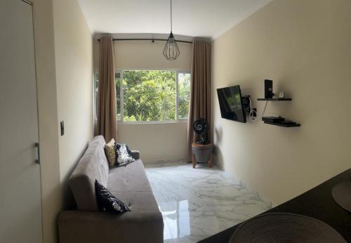 圣维森特岛Apartamento em Ilha Porchat的带沙发和窗户的客厅