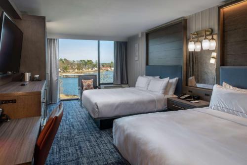 温泉城DoubleTree by Hilton Hot Springs的酒店客房设有两张床,享有水景。