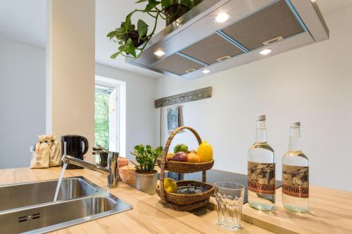 GarzHerthaquelle Wohnung 1 "Studio H"的厨房配有水槽和2瓶葡萄酒
