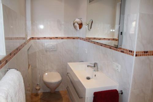 加尔米施-帕滕基兴Regina的白色的浴室设有水槽和卫生间。