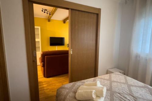 欧德鲁佐Apartamento Santiagos Road的客房设有带一张床和镜子的卧室